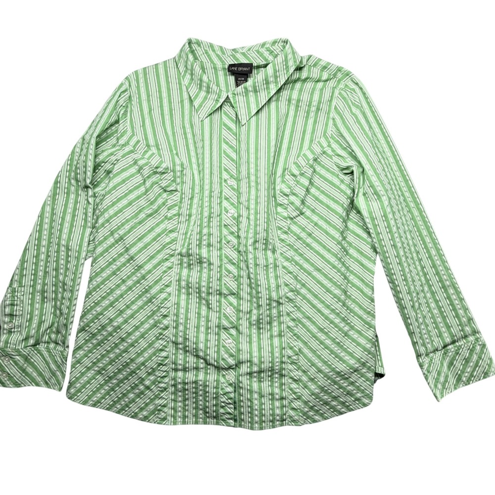Lane Bryant Striped Button Down Shirt Green White Plus Size 26 28‎ Long Sleeve